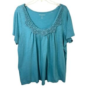 Woman Within Large Top 18/20W Teal Cotton Slub Crochet Lace Mature Casual 323